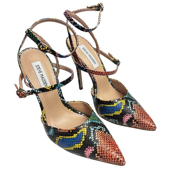 Steve Madden Multicolor Snakeskin 7.5M Pointed Toe Strappy Chic Stiletto Heels - Picture 1 of 10